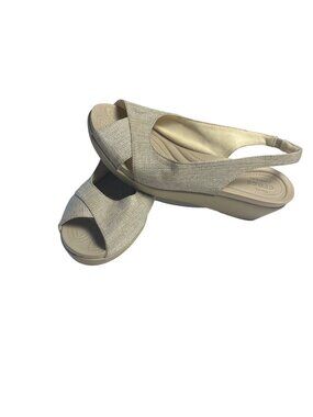 Crocs Beige Metallic Canvas Leigh-Ann Wedge Sandals 11 Dual Comfort Slingback